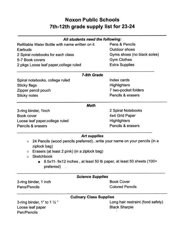 Noxon School Supply List Grades 7-12