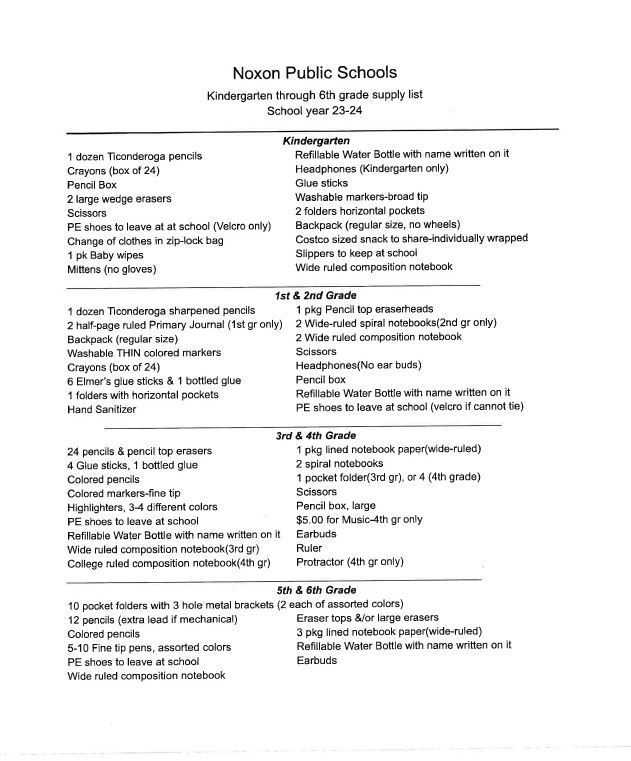 Noxon School Supply List K-6