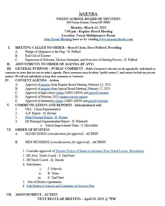 March School Board Meeting Agenda Noxon Public Schools